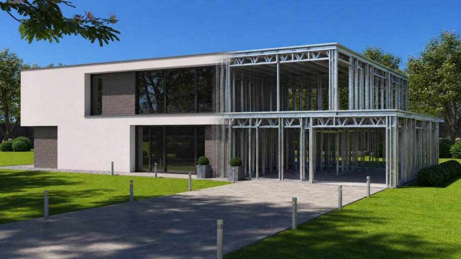 Moderne royale kubistische woning K-382 met overdekte balkons, grote glaspartijen en inpandige garage