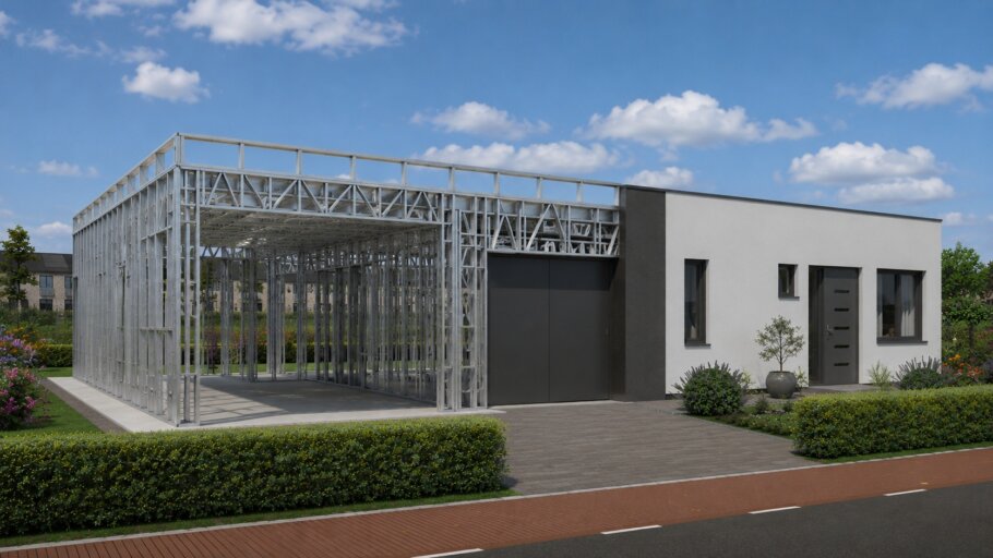 hier ziet u hoe een staalframebouw constructie in kubistische woning wordt verwerkt