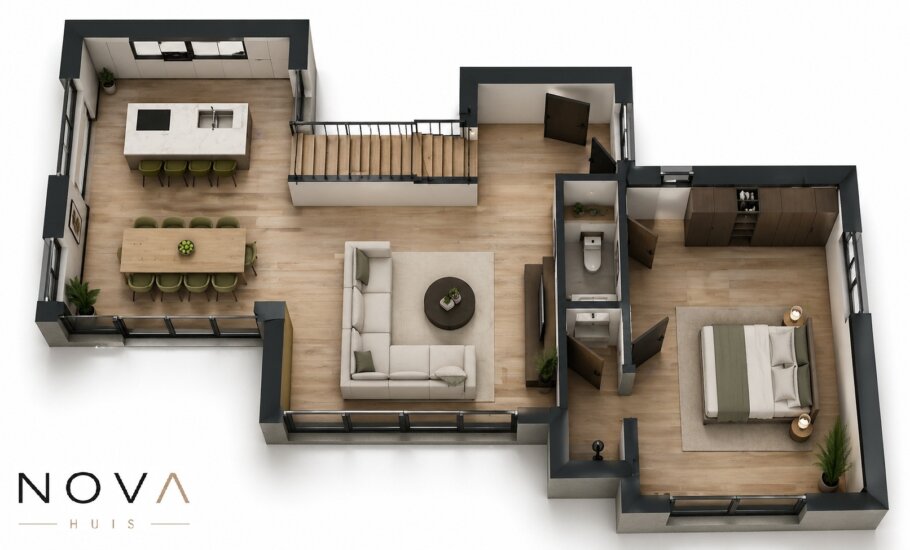 ontdek de 3D plattegronden en indelingen van kubistische woning K-397 met slaapkamer beneden 