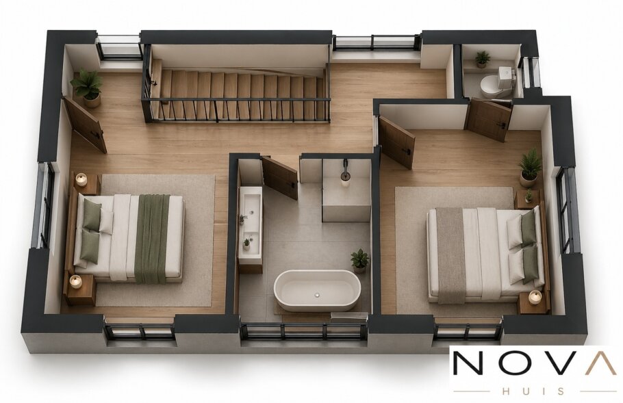 ontdek de plattegronden en 3D indelingen van kubistische woning K-397 met slaapkamer beneden 