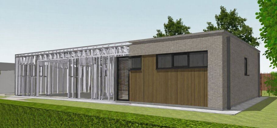 hier ziet u hoe een staalframebouw constructie in kubistische woning wordt verwerkt