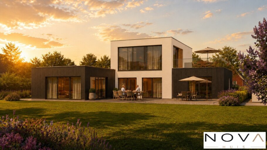 Moderne kubistische woning K-401 met plat dak, inpandige garage en grote glaspartijen