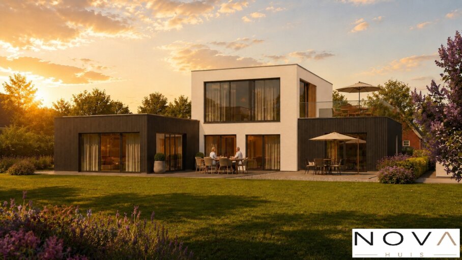Moderne kubistische woning K-401 met plat dak, inpandige garage en grote glaspartijen