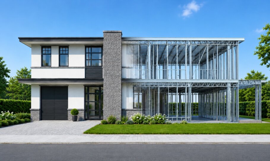 hier ziet u hoe een staalframebouw constructie in kubistische woning wordt verwerkt