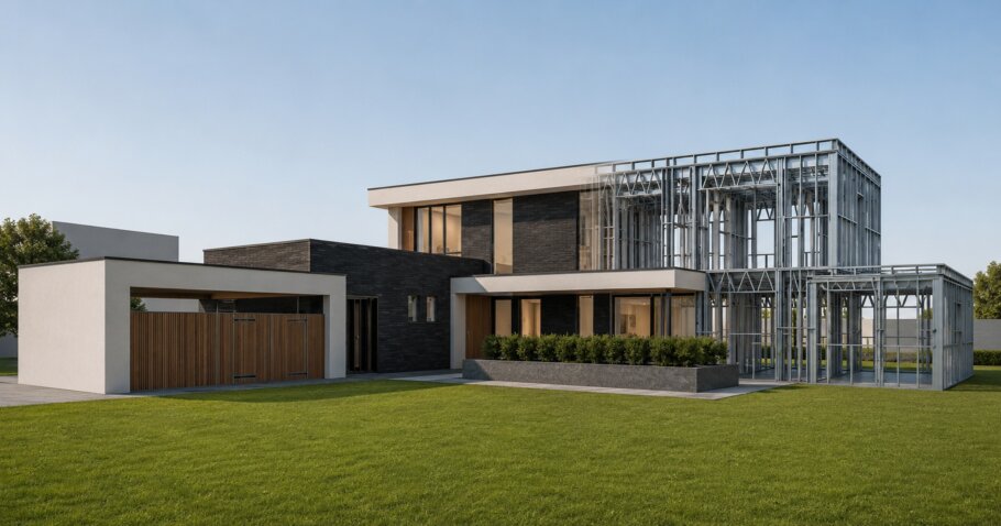 hier ziet u hoe een staalframebouw constructie in kubistische woning wordt verwerkt