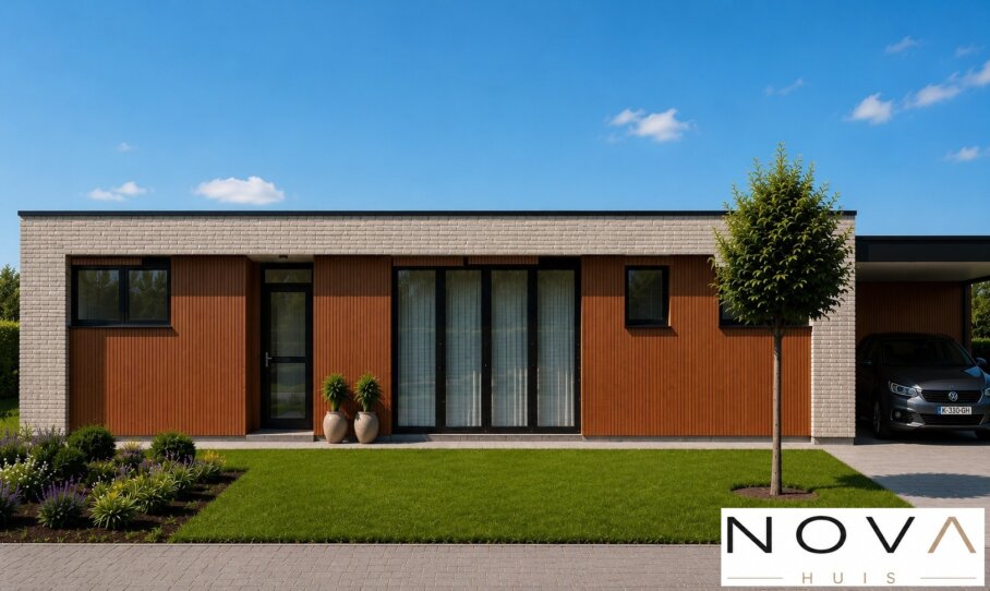 Bekijk L-198 moderne gelijkvloerse bungalow met plat dak en 3 slaapkamers