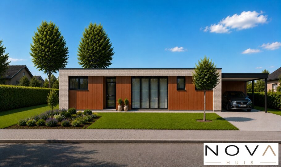 Bekijk L-198 moderne gelijkvloerse bungalow met plat dak en 3 slaapkamers