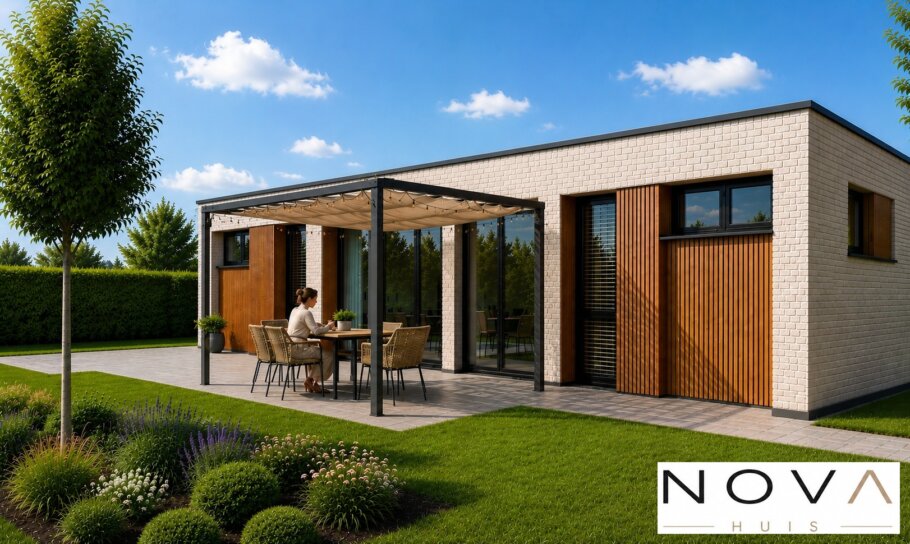 Bekijk L-198 moderne gelijkvloerse bungalow met plat dak en 3 slaapkamers