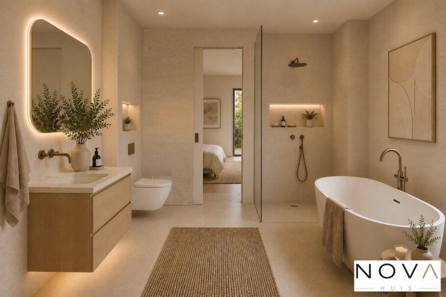 Modern interieur van levensloopbestendige schuurwoning met warme minimalistische inrichting