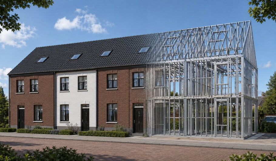 hier ziet u hoe een staalframebouw constructie in kubistische woning wordt verwerkt