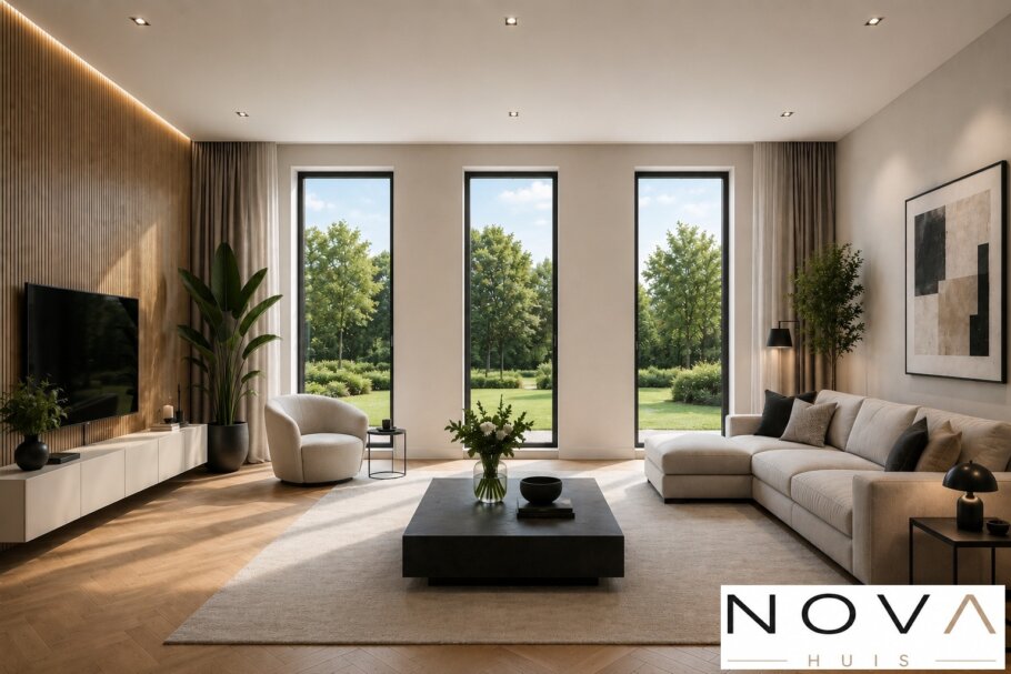 Modern interieur van kubistische woning K-387 met luxe woonkamer, leefkeuken, badkamer en slaapkamer