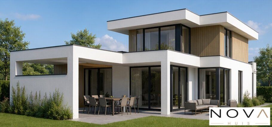 NOVA HUIS K-406 witte moderne kubistische kubus woning met veel glas prefab interieur