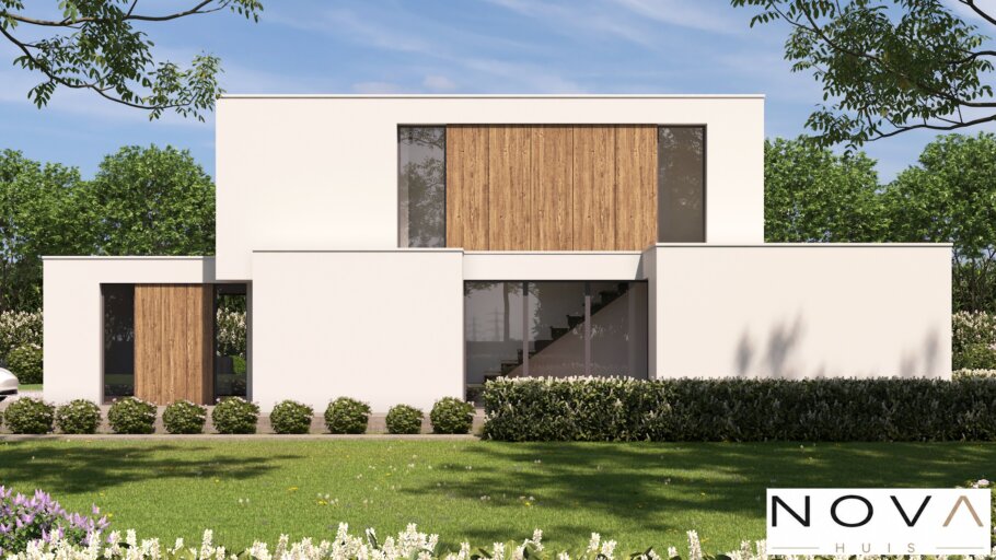 Moderne kubistische levensloopbestendige woning K-397 met plat dak van NOVA HUIS