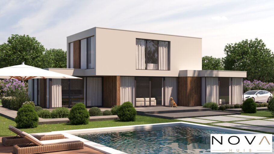 Moderne kubistische levensloopbestendige woning K-397 met plat dak van NOVA HUIS