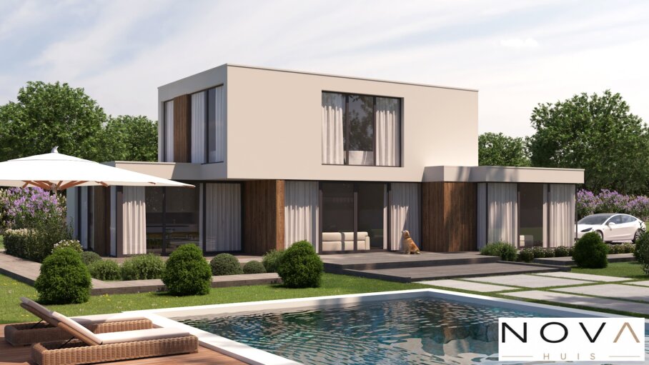 Moderne kubistische levensloopbestendige woning K-397 met plat dak van NOVA HUIS