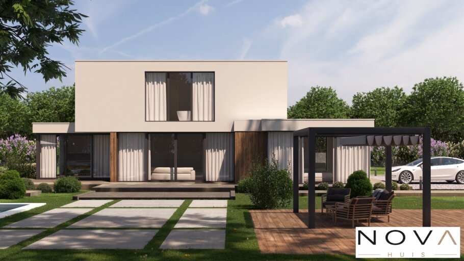 Moderne kubistische levensloopbestendige woning K-397 met plat dak van NOVA HUIS