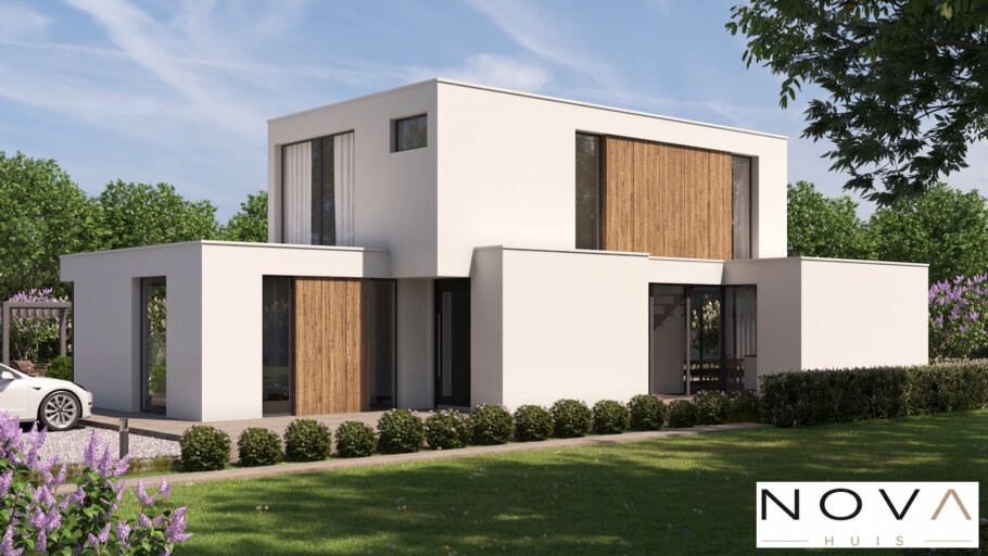 Moderne kubistische levensloopbestendige woning K-397 met plat dak van NOVA HUIS