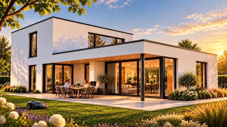 Moderne kubistische villa met plat dak, grote glaspartijen en overdekt terras in een zonnige tuin.