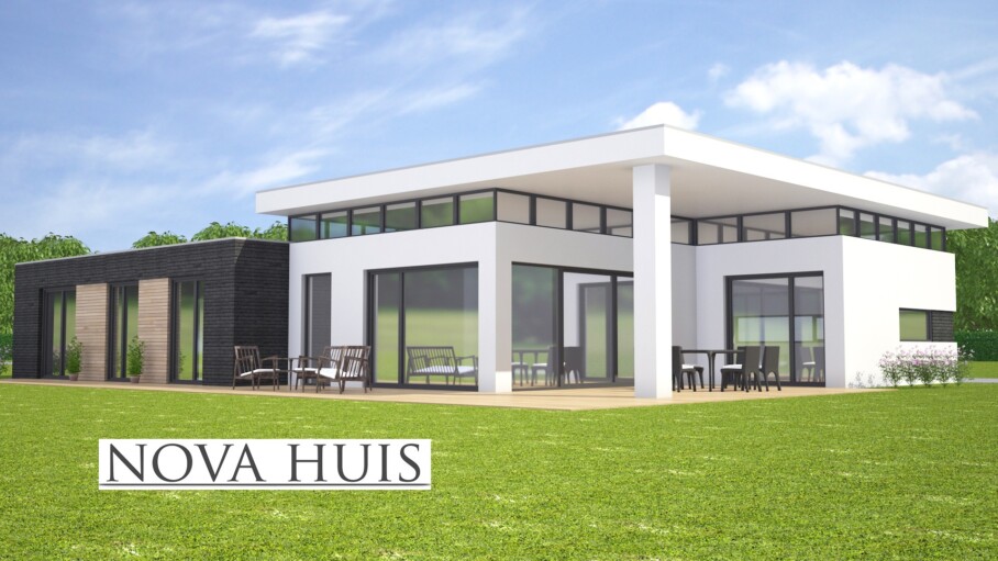 NOVA-HUIS A143 bungalow met verhoogde woonkamer overdekt terras staalframebouw Nederland