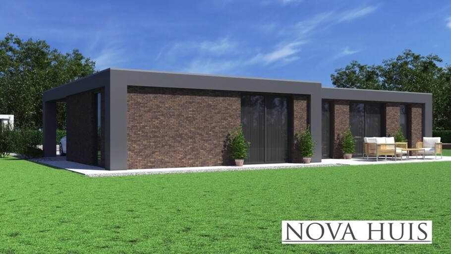NOVA-HUIS A157 gelijkvloerse platdak bungalow bouwen staalframebouw Nederland 