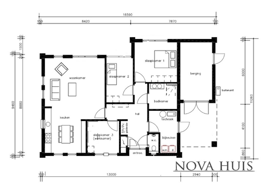 NOVA-HUIS A157 gelijkvloerse platdak bungalow bouwen staalframebouw Nederland 