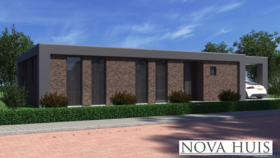 NOVA-HUIS A157 gelijkvloerse platdak bungalow bouwen staalframebouw Nederland 
