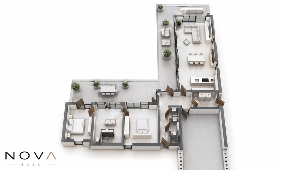 voorbeeld van 3D plattegrond en indeling van bungalow type A-168