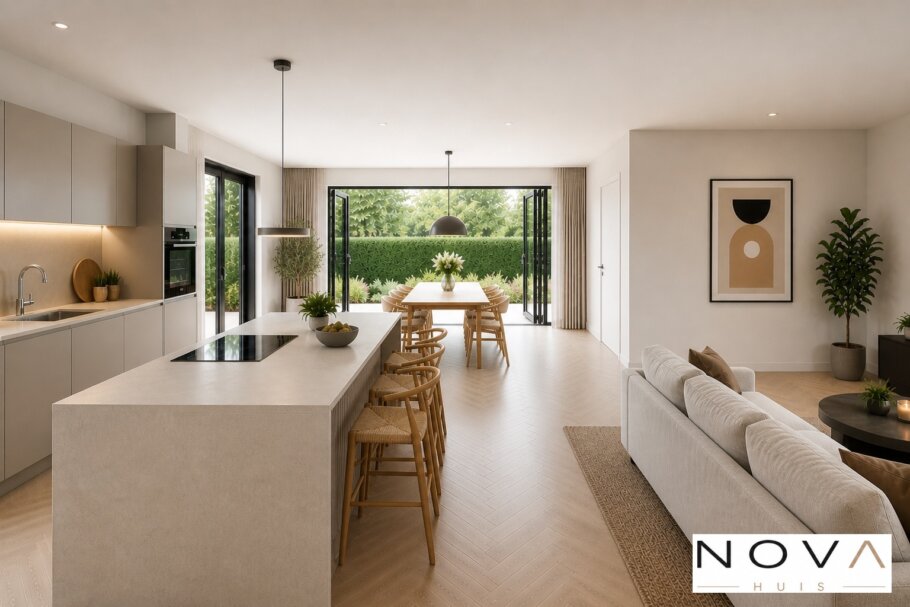 Modern interieur van een moderne woning met open keuken, lichte woonkamer, kookeiland en grote raampartijen
