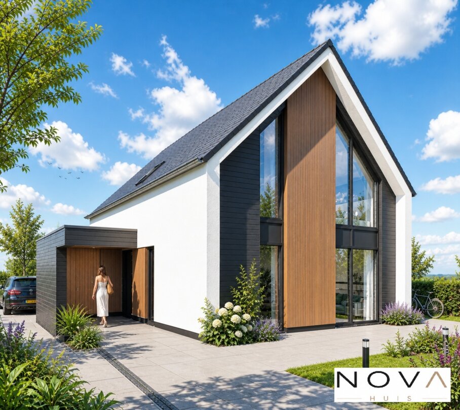 Moderne vrijstaande woning met hoge glazen gevel, houten accenten en strak zwart-wit design ontworpen door NOVA Huis