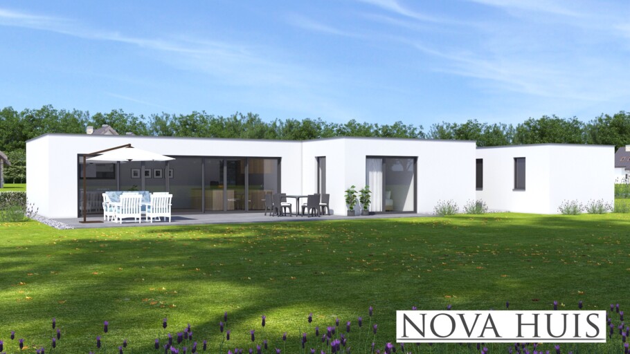 NOVAHUIS A162 duurzame bouw in staalframe  gelijkvloerse bungalow met plat dak