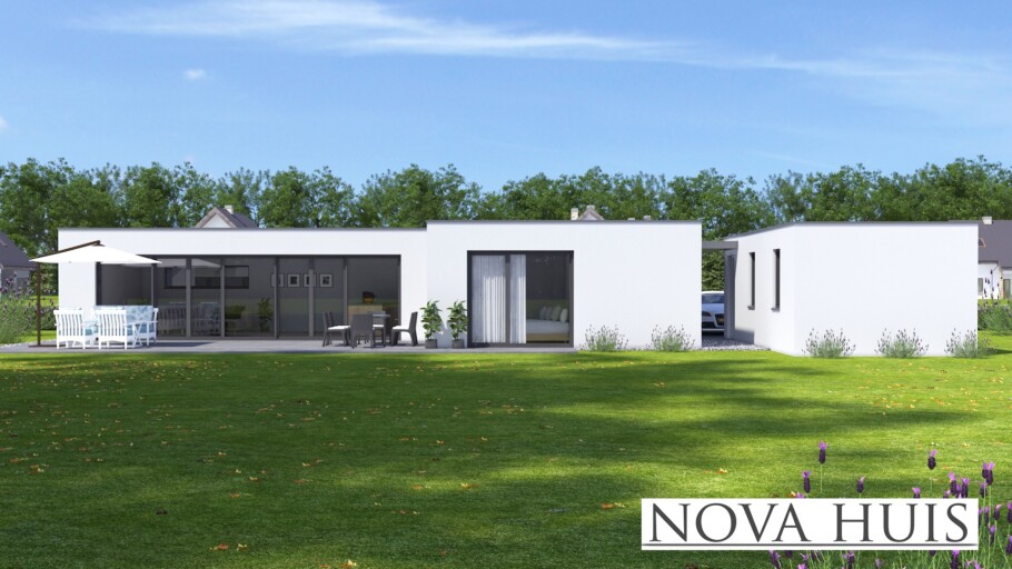 NOVAHUIS A162 duurzame bouw in staalframe  gelijkvloerse bungalow met plat dak