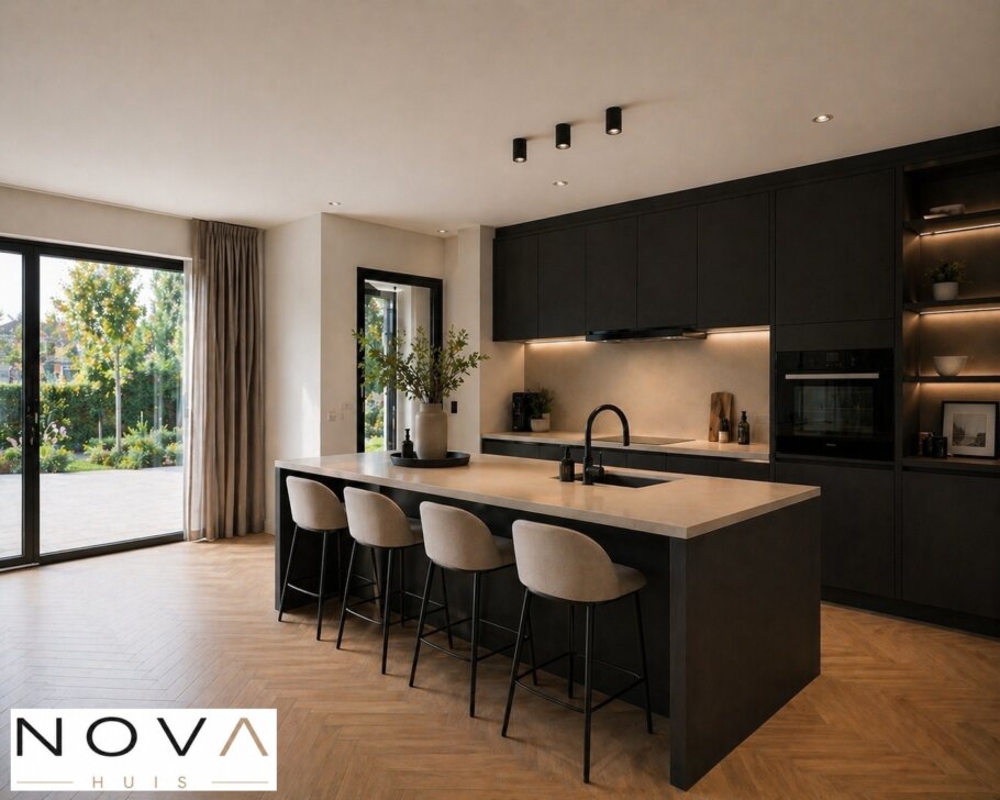 Modern interieur van levensloopbestendige woning A-70 met leefkeuken en grote glaspartijen