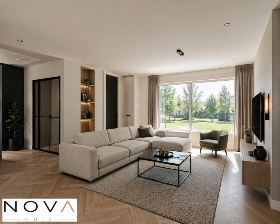 Modern interieur van levensloopbestendige woning A-70 met leefkeuken en grote glaspartijen