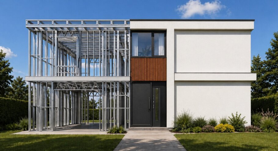hier ziet u hoe een staalframebouw constructie in kubistische woning wordt verwerkt