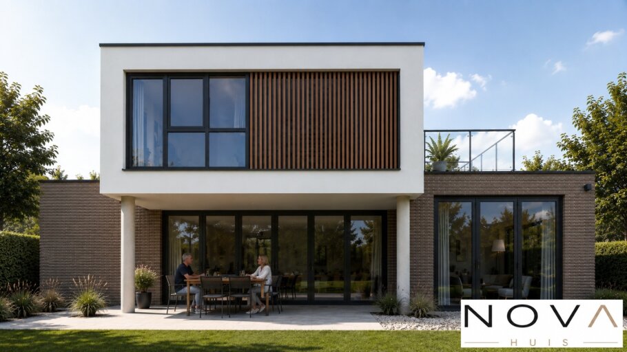 Moderne kubistische woning K-92 met plat dak, inpandige garage, overdekt terras en luxe architectuur
