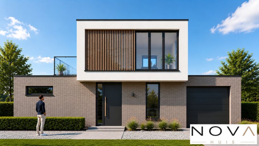 Moderne kubistische woning K-92 met plat dak, inpandige garage, overdekt terras en luxe architectuur