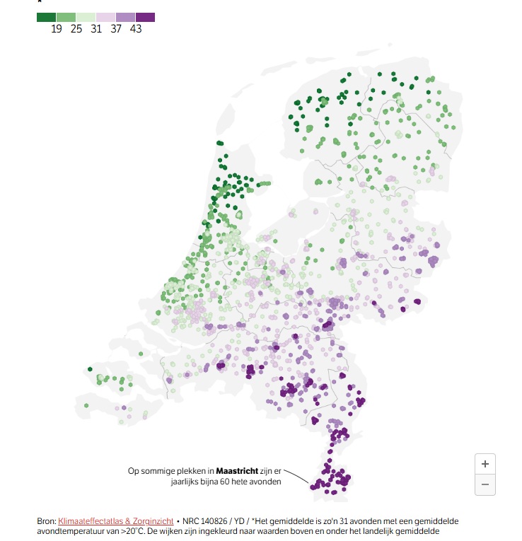 u ziet de regio's in Nederland met veel warme nachten