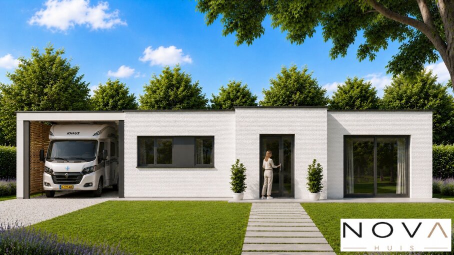 Moderne levensloopbestendige bungalow A-163 met plat dak, 2 slaapkamers en grote glaspartijen