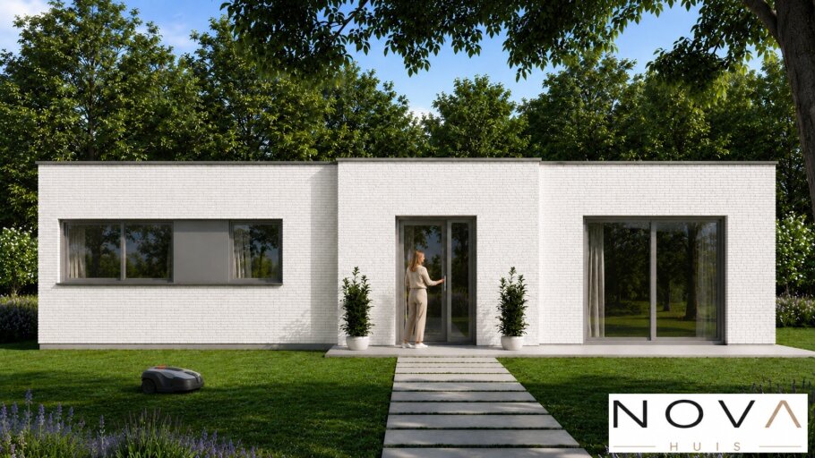 Moderne levensloopbestendige bungalow A-163 met plat dak, 2 slaapkamers en grote glaspartijen