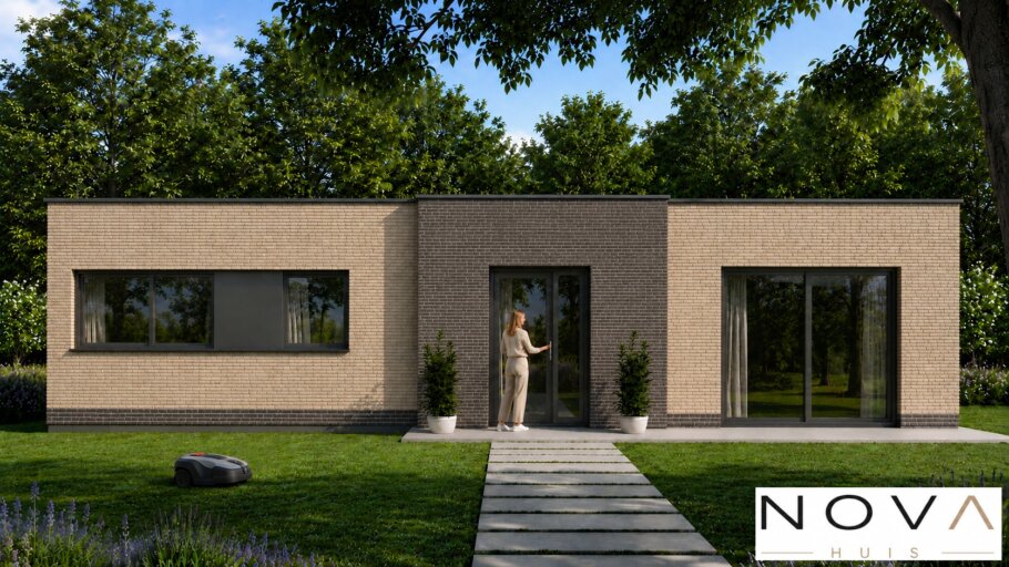 Moderne levensloopbestendige bungalow A-163 met plat dak, 2 slaapkamers en grote glaspartijen