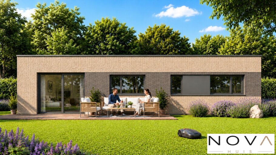 Moderne levensloopbestendige bungalow A-163 met plat dak, 2 slaapkamers en grote glaspartijen