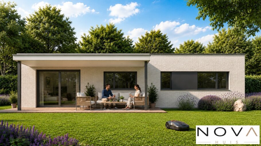 Moderne levensloopbestendige bungalow A-163 met plat dak, 2 slaapkamers en grote glaspartijen