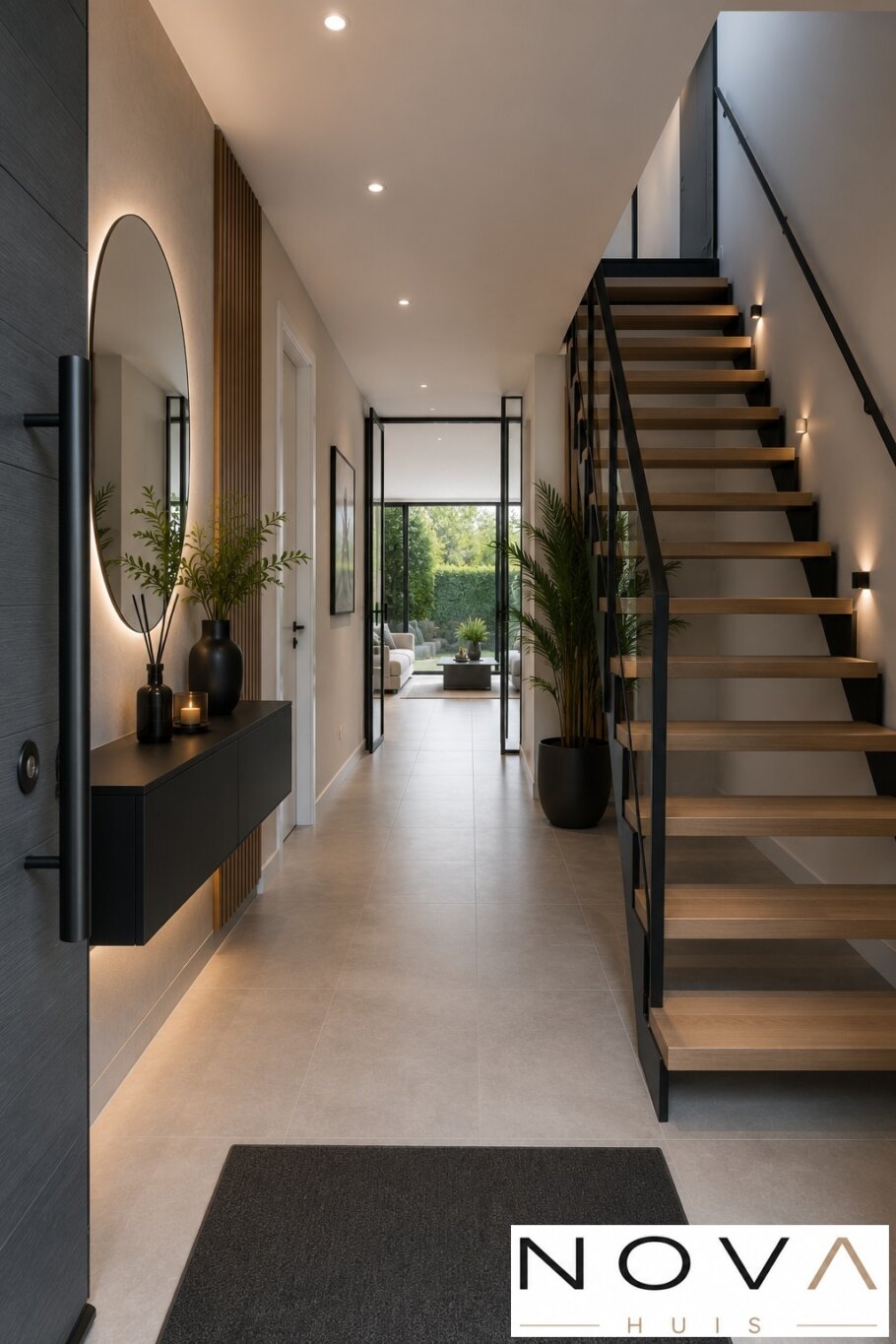 Modern interieur van de levensloopbestendige kubistische woning K-397 van NOVA HUIS