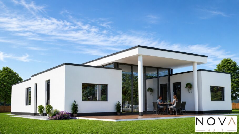 Moderne levensloopbestendige bungalow ontwerp A-27 met grote glaspartijen, moderne architectuur NOVA HUIS