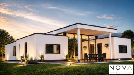 Moderne levensloopbestendige bungalow ontwerp A-27 met grote glaspartijen, moderne architectuur NOVA HUIS