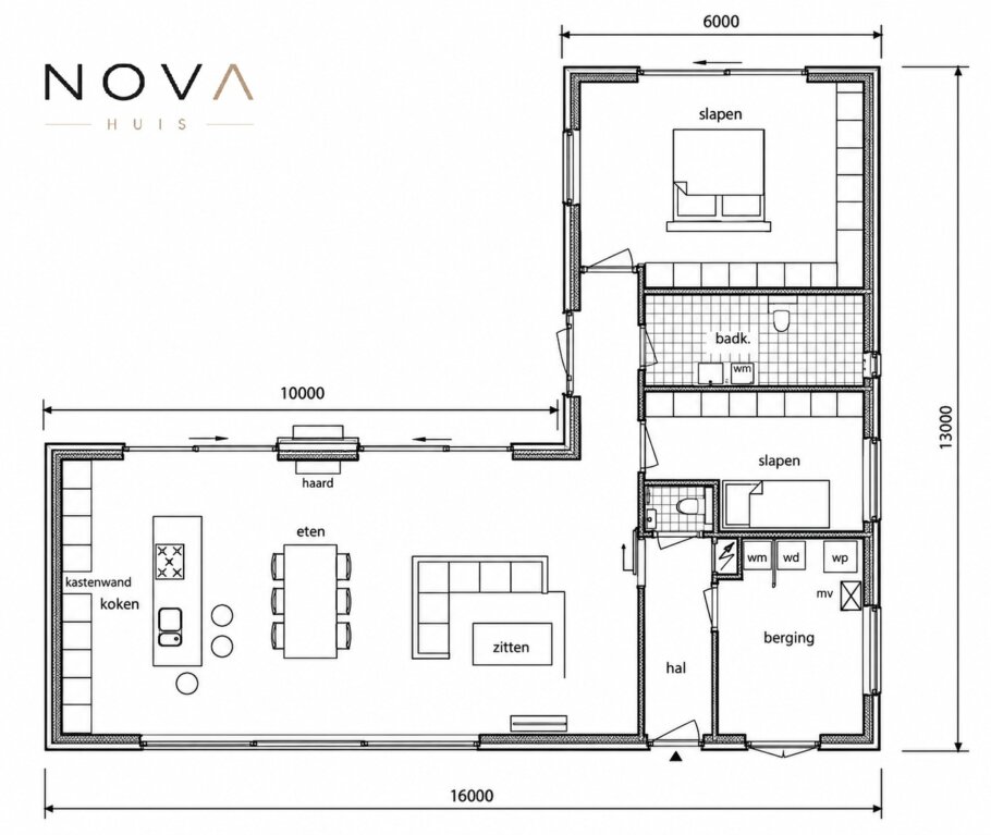 bekijk de plattegrond en indeling moderne gelijkvloerse L-vorm woning type A-203