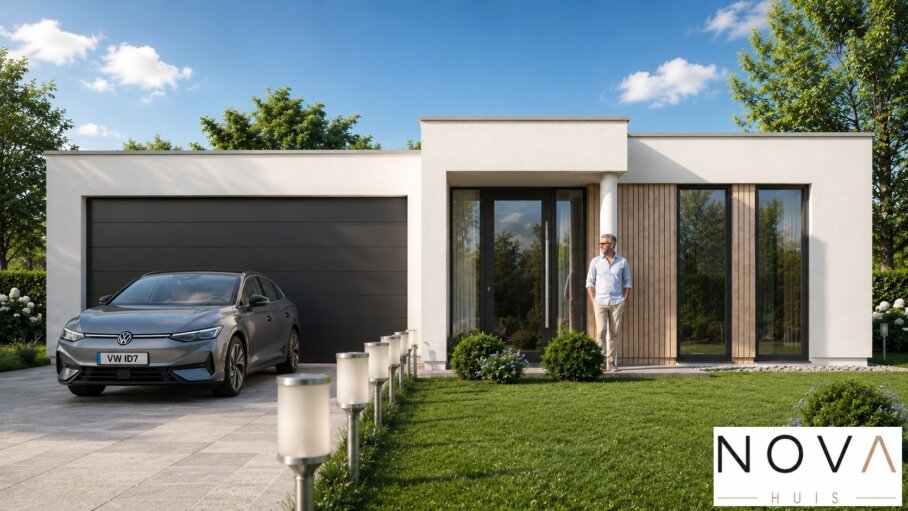 Moderne gelijkvloerse woning A-144 met leefkeuken, grote glaspartijen en inpandige garage