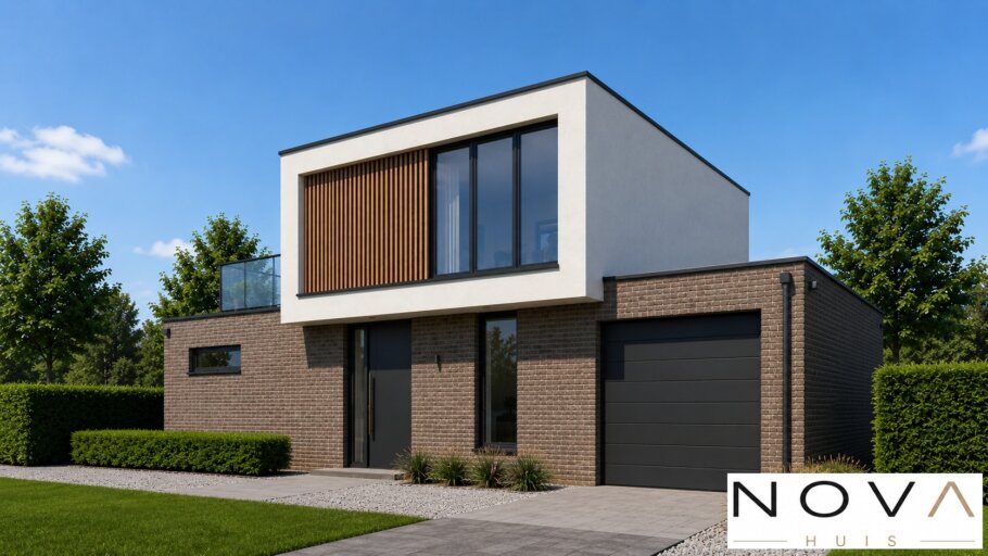 Moderne kubistische woning K-92 met plat dak, inpandige garage, overdekt terras en luxe architectuur