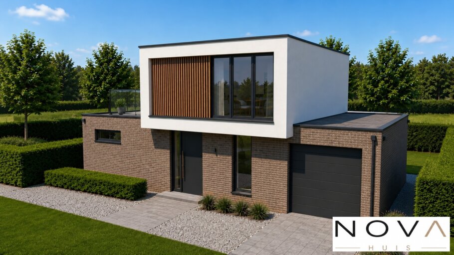 Moderne kubistische woning K-92 met plat dak, inpandige garage, overdekt terras en luxe architectuur