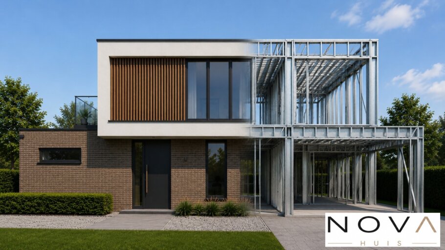 Moderne kubistische woning K-92 met plat dak, inpandige garage, overdekt terras en luxe architectuur